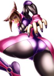Rule 34 | 1girl, ass, bodysuit, breasts, brown hair, cameltoe, capcom, covered erect nipples, eyepatch, fingernails, from behind, glowing, glowing eye, han juri, highres, huge ass, large breasts, looking at viewer, nail polish, numb, open mouth, purple eyes, sharp fingernails, shiny clothes, short hair, skin tight, smile, solo, street fighter, street fighter v, tongue, tongue out