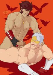 Rule 34 | 2boys, abs, absurdres, ass, bara, blush, boku no hero academia, chest hair, completely nude, cross, cross necklace, cross scar, crossover, erection, facial scar, foreskin, glasses, gunkguzzler (cokobidrawsporn), hairy, highres, imminent anal, imminent penetration, jewelry, kekkai sensen, klaus von reinhertz, large pectorals, leg hair, long sideburns, lying, male focus, mature male, multiple boys, muscular, muscular male, mutton chops, navel, navel hair, necklace, nipples, nude, on stomach, pectorals, red hair, scar, scar on cheek, scar on face, short hair, sideburns, stomach, thick thighs, thighs, tusks, uncensored, vlad king (boku no hero academia), white hair, yaoi