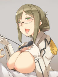 Rule 34 | 10s, 1boy, 1girl, ayyh, bad id, bad pixiv id, blush, breasts, brown hair, epaulettes, glasses, gloves, green eyes, hetero, highres, inverted nipples, kantai collection, katori (kancolle), large breasts, male pubic hair, nipples, paizuri, penis, pointer, pubic hair, saliva, short hair, solo focus, tongue, tongue out, uncensored, white gloves