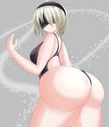 Rule 34 | 1girl, ass, bare shoulders, black hairband, blindfold, breasts, hairband, huge ass, luex, nier (series), nier:automata, one-piece swimsuit, shiny skin, short hair, sideboob, silver hair, solo, swimsuit, 2b (nier:automata)