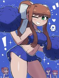 Rule 34 | !, 4girls, absurdres, black eyes, blue background, blue shirt, blue skirt, blush, bow, breasts, brown hair, cheerleader, collarbone, crop top, doki doki literature club, green eyes, grin, hair bow, hair ornament, hair ribbon, hairclip, heart, highres, large breasts, long hair, looking at viewer, midriff, monika (doki doki literature club), multiple girls, natsuki (doki doki literature club), navel, one eye closed, open mouth, pink hair, pom pom (cheerleading), ponytail, purple eyes, red bow, ribbon, sayori (doki doki literature club), shirt, short hair, sidelocks, skirt, sleeveless, sleeveless shirt, smile, sparkle, spoken heart, standing, teeth, thick thighs, thighs, tony welt, twintails, white ribbon, wink, yuri (doki doki literature club)