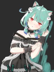 Rule 34 | 1girl, absurdres, animal ears, bare shoulders, blush, cat ears, colored tips, detached sleeves, double bun, dress, evening rabbit, green hair, hair bun, hair ornament, highres, hololive, looking at viewer, multicolored hair, open mouth, red eyes, short hair, skull hair ornament, smile, solo, uruha rushia, uruha rushia (3rd costume), virtual youtuber
