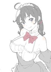 Rule 34 | 1girl, absurdres, ahoge, bad id, bad twitter id, bare shoulders, black dress, black hair, blue eyes, blush, breasts, detached sleeves, donguri suzume, dress, grin, highres, large breasts, long hair, long sleeves, looking at viewer, maid, maid headdress, neck ribbon, pale color, red ribbon, ribbon, simple background, smile, solo, spot color, upper body, white background