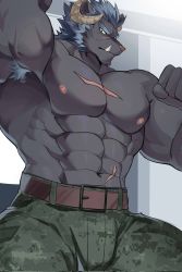 Rule 34 | 1boy, abs, ao (chung0u0), armpit hair, armpits, bara, bulge, camouflage, camouflage pants, cowboy shot, curled horns, furry, furry male, grey fur, highres, horns, krampus (housamo), large pectorals, long sideburns, looking at viewer, male focus, mature male, medium hair, muscular, muscular male, navel, nipples, paid reward available, pants, pectorals, paid reward available, scar, scar across eye, scar on chest, scar on face, scar on nose, sideburns, solo, stomach, thick eyebrows, thick thighs, thighs, tokyo houkago summoners, topless male, tusks