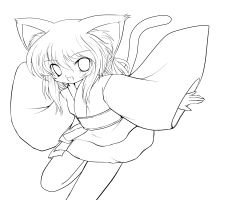 Rule 34 | 1girl, animal ears, cat ears, cat tail, greyscale, highres, japanese clothes, lineart, long hair, looking at viewer, monochrome, open mouth, original, smile, solo, tail, transparent background, yume shokunin