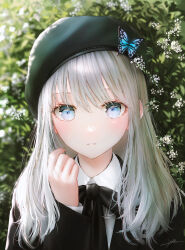 Rule 34 | 1girl, absurdres, black headwear, black ribbon, blue eyes, bug, bush, butterfly, commentary, day, grey hair, hand up, highres, insect, long hair, long sleeves, looking at viewer, neck ribbon, ojay tkym, original, outdoors, parted lips, ribbon, smile, solo, symbol-only commentary, upper body