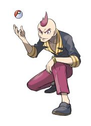 Rule 34 | 1boy, absurdres, artist request, bald, black footwear, black shirt, bracelet, collarbone, creatures (company), elite four, full body, game freak, grin, hand up, happy, highres, jewelry, looking at viewer, male focus, matching hair/eyes, nintendo, official art, pants, poke ball, poke ball (basic), pokemon, pokemon oras, red eyes, red hair, red pants, red socks, shirt, shoes, sidney (pokemon), simple background, sleeves rolled up, smile, socks, solo, squatting, teeth, transparent background