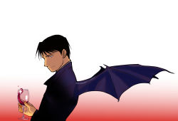 Rule 34 | 1boy, alcohol, black eyes, black hair, closed mouth, cup, demon wings, drink, drinking glass, fingernails, fullmetal alchemist, gradient background, hand up, highres, holding, holding cup, jacket, jitome, light smile, looking afar, male focus, profile, purple jacket, purple wings, red background, roy mustang, simple background, solo, spiked hair, upper body, urikurage, wine, wine glass, wings