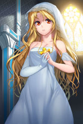 Rule 34 | 1girl, bare shoulders, blonde hair, breasts, church, cleavage, cross, detached sleeves, dress, elbow gloves, female focus, flint (sword girls), gloves, highres, indoors, jewelry, long hair, looking at viewer, necklace, orange eyes, parted lips, single elbow glove, single glove, snowball22, solo, stained glass, strapless, strapless dress, sword girls, veil, very long hair, white dress, white gloves