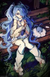 Rule 34 | absurdres, beak, bench, bird, blue feathers, blue hair, closed mouth, creatures (company), feathers, fluffy, flying miku (project voltage), forest, game freak, gen 3 pokemon, hatsune miku, highres, long hair, looking to the side, nature, nintendo, outdoors, park bench, plant, pokemon, pokemon (creature), project voltage, sitting, solid circle eyes, solid eyes, swablu, tree, umbra heartt, very long hair, vocaloid, white feathers