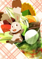 Rule 34 | absurdres, animal focus, arms up, artist name, brown background, buck teeth, bunnelby, creatures (company), cup, dessert, drinking glass, dutch angle, food, food focus, fruit, full body, game freak, gen 6 pokemon, happy, highres, ice cream, in food, leaning back, looking back, lying, melon, nintendo, no humans, on back, open mouth, pawpads, pink background, plaid, plaid background, pokemon, pokemon (creature), ribero, signature, smile, solo, strawberry, teeth