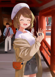 Rule 34 | 1girl, artist name, artist request, bag, blush, breasts, brown hair, brown jacket, brown pants, bunbun (midukikome), carrying bag, earrings, female focus, hair between eyes, highres, holding, jacket, jewelry, koizumi hanayo, love live!, love live! school idol project, outdoors, pants, parted lips, purple eyes, shirt, short hair, small breasts, smile, solo, white headwear, white shirt
