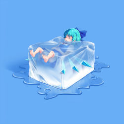 Rule 34 | 1girl, ao usagi, barefoot, blue background, blue dress, blue hair, bow, cirno, closed eyes, dress, feet, frozen, hair bow, ice, ice block, ice cube, immobilization, pinafore dress, short hair, simple background, sleeping, sleeveless, sleeveless dress, solo, touhou, wings