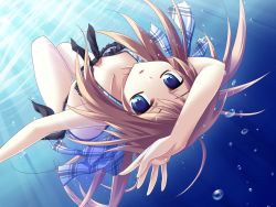 Rule 34 | 1girl, bikini, blue eyes, brown hair, bubble, downblouse, freediving, frilled bikini, frills, from above, front-tie top, ina (inadahime), long hair, looking up, open mouth, original, side-tie bikini bottom, solo, swimming, swimsuit, underwater, upside-down, water