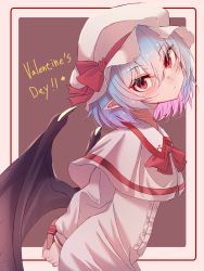 Rule 34 | 1girl, arms behind back, bat wings, blue hair, brown background, capelet, closed mouth, dress, english text, from side, hat, hat ribbon, highres, katsukare, long sleeves, looking at viewer, mob cap, pointy ears, red eyes, red ribbon, remilia scarlet, ribbon, short hair, smile, solo, touhou, upper body, valentine, white capelet, white dress, white hat, wings