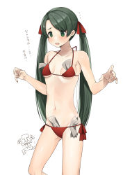 Rule 34 | 1boy, 1girl, absurdres, banknote, bikini, black hair, breasts, cowboy shot, embarrassed, green eyes, highres, kantai collection, long hair, mikuma (kancolle), money, object in clothes, object in swimsuit, red bikini, side-tie bikini bottom, simple background, small breasts, standing, swimsuit, t-head admiral, toriniku senshi chikinman, translation request, tucked money, twintails, white background