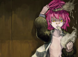 Rule 34 | androgynous, bandaid, bandaid on face, bandaid on nose, coat, fluff, gender request, highres, mouth hold, nipples, open clothes, open shirt, pink hair, shirt, short hair, solo, stitches, stuffing, teeth, toro3, yellow eyes