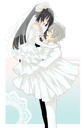 Rule 34 | 1boy, 1girl, bad id, bad pixiv id, bare shoulders, black hair, bridal veil, carrying, couple, dress, elbow gloves, enomoto takane, closed eyes, formal, gloves, grey hair, happy, hetero, jewelry, kagerou project, kokonose haruka, long hair, necklace, open mouth, shichi, short hair, smile, suit, twintails, veil, wedding dress