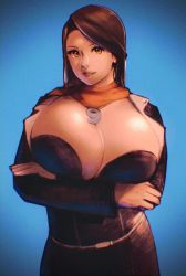 Rule 34 | 1girl, ace attorney, black bra, blue background, bra, breasts, brown hair, cleavage, clothes, collar, female focus, huge breasts, long hair, looking at viewer, mia fey, simple background, smile, solo, underwear, yellow eyes
