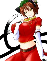 Rule 34 | 1girl, alternate costume, animal ears, breasts, brown hair, cat ears, cat tail, chen, cleavage, fingerless gloves, gloves, huge breasts, impossible clothes, looking at viewer, midriff, multiple tails, nekomata, aged up, slit pupils, taiga isaka, tail, touhou, two tails, yellow eyes, zun hat