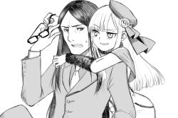Rule 34 | 1boy, 1girl, beret, blunt bangs, blush, capelet, clenched teeth, commentary request, fate (series), formal, fur trim, glasses, greyscale, grin, hat, highres, holding, hug, hug from behind, jacket, long hair, long sleeves, looking at another, lord el-melloi ii, lord el-melloi ii case files, monochrome, necktie, reines el-melloi archisorte, satou usuzuku, smile, suit, sweatdrop, teeth, upper body, waver velvet
