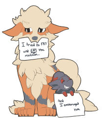 Rule 34 | animal focus, arcanine, commentary, creatures (company), ears down, english commentary, english text, fangs, game freak, gen 1 pokemon, gen 5 pokemon, grin, holding, holding sign, mouth hold, nintendo, no humans, pet shaming, pokemon, pokemon (creature), punishment, sad, sign, simple background, sitting, smile, swiftfrost, white background, zorua