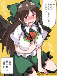 Rule 34 | 1girl, bird wings, black socks, black wings, blouse, blush, bow, breasts, brown hair, collared shirt, commentary request, frilled skirt, frills, green bow, green skirt, hair bow, hammer (sunset beach), highres, kneehighs, long hair, looking to the side, open mouth, puffy short sleeves, puffy sleeves, red eyes, reiuji utsuho, ribbon, shirt, short sleeves, skirt, socks, sweatdrop, third eye, touhou, translation request, white shirt, wings