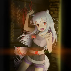 Rule 34 | 1girl, animal ears, belt, colored eyelashes, hands up, highres, long hair, myuri (spice and wolf), open mouth, pouch, red eyes, shorts, silver hair, sleeveless, smile, solo, spice and wolf, suzupom, tail, wolf ears, wolf tail