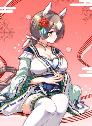Rule 34 | 1girl, animal ears, breasts, brown hair, cleavage, commentary, ear covers, flower, hair between eyes, hair flower, hair ornament, hair ribbon, highres, hirowa nagi, horse ears, horse girl, japanese clothes, kimono, large breasts, long hair, looking to the side, low ponytail, multicolored hair, official alternate costume, ribbon, satono diamond (floral star prosperous green) (umamusume), satono diamond (umamusume), sitting, solo, thighhighs, thighs, umamusume, white ribbon, white thighhighs, wide sleeves