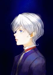 Rule 34 | 1girl, absurdres, androgynous, blue eyes, blue jacket, blurry, blurry background, bryanth, from side, highres, jacket, leni milchstrasse, parted lips, sakura taisen, sakura taisen ii, short hair, silver hair, solo, swept bangs, upper body