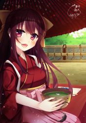 Rule 34 | 1girl, bad id, bad pixiv id, bow, bowl, cherry blossoms, commentary request, dated, fence, food, green tea, hakama, hakama skirt, highres, japanese clothes, kamikaze (kancolle), kantai collection, kimono, long hair, looking at viewer, meiji schoolgirl uniform, oil-paper umbrella, open mouth, petals, pink hakama, purple hair, red eyes, red kimono, red umbrella, sitting, skewer, skirt, smile, solo, tasuki, tea, tsukumo matoro, umbrella, wagashi, yellow bow, youkan (food)