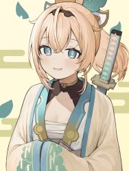 Rule 34 | 1girl, :d, blonde hair, blue eyes, breasts, brown background, commentary request, egasumi, hair between eyes, hands in pockets, highres, hololive, holox, japanese clothes, kazama iroha, kimono, leaf, long hair, long sleeves, looking at viewer, open mouth, ponytail, sarashi, seramikku, small breasts, smile, solo, upper body, virtual youtuber, white kimono, wide sleeves
