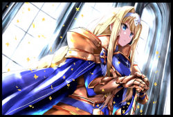 Rule 34 | 1girl, alice zuberg, armor, blonde hair, blue cape, blue eyes, braid, braided ponytail, breastplate, cape, closed mouth, dutch angle, from below, hair intakes, hairband, hands on hilt, long hair, pauldrons, shoulder armor, solo, standing, sword, sword art online, very long hair, weapon, white hairband, yanagi marie