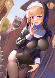 Rule 34 | 1girl, absurdres, black pantyhose, blonde hair, breasts, clothes lift, covered navel, day, dress, dress lift, habit, hand to own mouth, highres, impossible clothes, kibanda gohan, lifting own clothes, long sleeves, looking at viewer, medium breasts, nun, open mouth, original, outdoors, pantyhose, purple eyes, solo, stairs, standing, thighband pantyhose