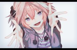Rule 34 | 1boy, astolfo (fate), astolfo (memories at trifas) (fate), black bow, bow, braid, fate/apocrypha, fate/grand order, fate (series), hair between eyes, hair intakes, jewelry, long hair, long sleeves, looking at viewer, male focus, multicolored hair, nakaba (mode), necklace, official alternate costume, open mouth, pink hair, purple eyes, single braid, trap, very long hair