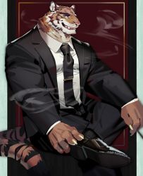 Rule 34 | absurdres, bara, black socks, black suit, cigarette, collared shirt, crossed legs, dress shirt, dress shoes, formal, furry, furry male, hand on own knee, highres, holding, holding cigarette, jacket, leg up, long sleeves, looking at viewer, male focus, muscular, necktie, omochi kuitai, open clothes, open jacket, open mouth, original, red eyes, sharp teeth, shirt, sitting, smoke, socks, solo, suit, suit jacket, teeth, tie clip, tiger, tiger stripes