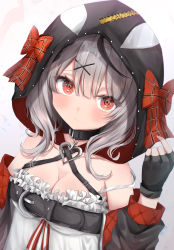 Rule 34 | 1girl, bare shoulders, breasts, cleavage, fingerless gloves, frills, gloves, grey hair, hand up, highres, hololive, holox, hood, long hair, looking at viewer, medium breasts, moemoepiano, red eyes, sakamata chloe, sakamata chloe (1st costume), simple background, solo, upper body, virtual youtuber, white background