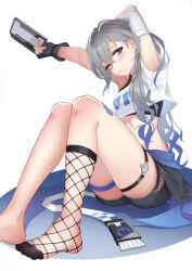 Rule 34 | 1girl, absurdres, arms up, black shorts, commentary request, crop top, fishnets, grey eyes, grey hair, highres, holding, honkai: star rail, honkai (series), knees up, long hair, looking at viewer, midriff, mikiseriavoid, mouth hold, one eye closed, shirt, short shorts, shorts, silver wolf (honkai: star rail), single-shoulder shirt, sitting, solo, thigh strap, thighs, very long hair, white shirt