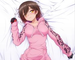 Rule 34 | 1girl, bed sheet, blush, breasts, breasts apart, brown hair, collarbone, commentary, drawstring, english commentary, eyes visible through hair, frown, gloves, highres, hololive, hood, hood down, hoodie, large breasts, long sleeves, lying, messy hair, mixed-language commentary, on back, orange eyes, p-nekoe, pink hoodie, roboco-san, roboco-san (hoodie), sheet grab, short hair, sleeves past wrists, solo, upper body, virtual youtuber