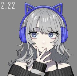 1girl aegyo_sal animal_ear_headphones animal_ears blue_eyes bra_strap cat_ear_headphones closed_mouth collarbone commentary eyelashes fake_animal_ears fingernails grey_background grey_hair hand_up headphones highres long_hair long_sleeves nail_polish original pink_nails sideways_glance simple_background sleeves_past_wrists solo symbol-only_commentary upper_body yoshioka_suke