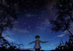 Rule 34 | 1boy, :d, boku no hero academia, closed eyes, commentary request, facing viewer, freckles, grass, green hair, green jacket, highres, hood, hood down, hooded jacket, jacket, long sleeves, male focus, midoriya izuku, miyanami 3, night, night sky, open clothes, open jacket, open mouth, pants, shirt, short hair, sky, smile, solo, star (sky), starry sky, teeth, tree, upper teeth only, white shirt
