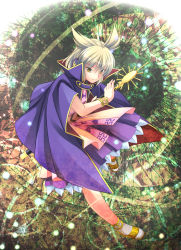Rule 34 | 1girl, blonde hair, bow, cape, dress, earmuffs, headphones, jewelry, layered dress, looking at viewer, lots of jewelry, pointy hair, purple bow, sandals, sash, sheath, sheathed, short hair, sleeveless, smile, socks, solo, sword, takatsukasa yue, touhou, toyosatomimi no miko, weapon, wrist cuffs, yellow eyes