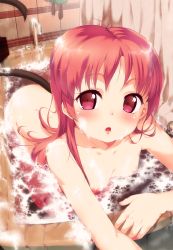 Rule 34 | 1girl, :o, bad id, bad pixiv id, bath, bathing, bathtub, blush, breasts, bubble, cat tail, curtains, faucet, highres, long hair, looking at viewer, nipples, nude, open mouth, original, pink eyes, pink hair, red eyes, red hair, small breasts, soap, soap bubbles, solo, tail, tareme, water, weyowang