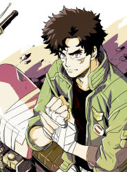 Rule 34 | 1boy, black shirt, brown eyes, brown hair, clenched hand, egg (cknlun), facial scar, forked eyebrows, green jacket, hand wraps, jacket, joe (megalo box), male focus, megalo box, motor vehicle, motorcycle, outdoors, scar, scar on cheek, scar on face, shirt, short hair, solo, thick eyebrows