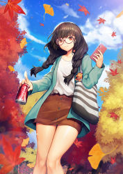 Rule 34 | 1girl, absurdres, aqua jacket, autumn, autumn leaves, bag, black hair, blue sky, braid, brown skirt, can, cellphone, closed mouth, cloud, coca-cola, collarbone, commentary request, day, drink can, falling leaves, ginkgo leaf, glasses, glint, hair over shoulder, highres, holding, holding can, holding phone, jacket, leaf, long hair, long sleeves, looking at viewer, maple leaf, miniskirt, open clothes, open jacket, original, outdoors, pencil skirt, phone, red-framed eyewear, red eyes, round eyewear, shirt, shoulder bag, skirt, sky, smartphone, smile, soda can, solo, standing, striped, thighs, twin braids, twintails, white shirt, y.i. (lave2217)