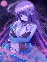 Rule 34 | 1girl, ahoge, alraune, aura, bare shoulders, breast lift, breasts, colored skin, flower, large breasts, monster girl, moon, nail polish, navel, night, night sky, original, outdoors, pink eyes, plant girl, pointy ears, purple nails, purple skin, red moon, rethnick, sky, smile, solo, upper body