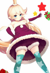 Rule 34 | &gt;:), 10s, 1girl, alternate costume, aqua thighhighs, bad id, bad pixiv id, blonde hair, blue eyes, blush, box, charlotta (granblue fantasy), christmas, closed mouth, crown, dress, from below, fur trim, gift, gift box, gloves, granblue fantasy, hand on own hip, harvin, long hair, o (rakkasei), outstretched arm, pointy ears, red dress, red gloves, sleeveless, sleeveless dress, smile, solo, standing, star (symbol), star print, strapless, strapless dress, thighhighs, v-shaped eyebrows, very long hair, white background