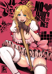 Rule 34 | 1girl, bad girl, baseball bat, between breasts, blonde hair, breasts, crotch rub, dress, frills, gloves, grasshopper manufacture, green eyes, itou eito, lace, lace-trimmed legwear, lace-trimmed panties, lace trim, large breasts, licking, lolita fashion, long hair, nipple slip, nipples, no more heroes, panties, ribbon, solo, thighhighs, underwear, white panties