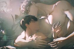 Rule 34 | 2boys, bed, brown hair, closed eyes, closed mouth, collarbone, couple, hug, ilay riegrow, jeong taeui, male focus, multiple boys, passion (manhwa), pectorals, short hair, sleeping, smile, teeth, topless male, twitter username, under covers, upper body, white hair, whiteislife 4, yaoi