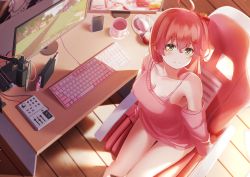 Rule 34 | 1girl, absurdres, ahoge, alternate costume, bare shoulders, bell, blush, bow, bra, bra peek, bra strap, breasts, casual, cat hair ornament, cellphone, chair, closed mouth, collarbone, commentary request, computer, cup, desk, dutch angle, feet out of frame, from above, gaming chair, hair between eyes, hair bow, hair ornament, hairclip, highres, hololive, jingle bell, keyboard (computer), lace, lace-trimmed bra, lace trim, large breasts, light rays, long hair, looking at viewer, minecraft, monitor, mug, nintendo switch, no pants, nyan (reinyan 007), off shoulder, on chair, one side up, phone, pink bra, pink hair, sakura miko, sitting, smartphone, smile, solo, sunbeam, sunlight, sweater, swivel chair, underwear, virtual youtuber, x hair ornament